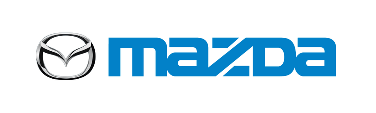 Mazda logo featuring a silver stylized "M" emblem on the left, next to the word "mazda" in bold, modern blue lettering on a white background.