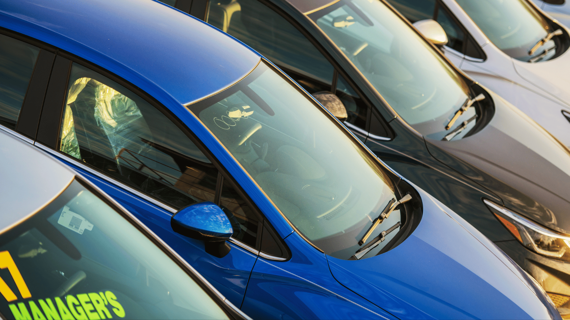 A close-up view of several parked cars in a row, featuring blue, gray, and silver vehicles, with sunlight reflecting off their windshields and hoods.