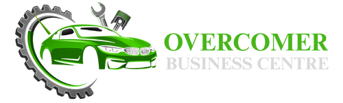 Logo featuring a green car with a gear, wrench, and piston, next to the text "OVERCOMER" in green and "BUSINESS CENTRE" in light gray.
