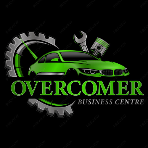 Logo for Overcomer Business Centre featuring a green car, a gear, a wrench, and a piston, all on a black background, with the business name in bold green and white text.